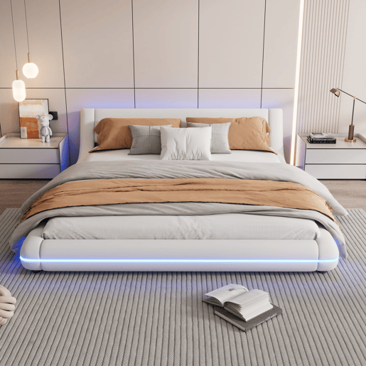Cama baixa 160x200 cm - PU, LED ambiente, design moderno - Branco