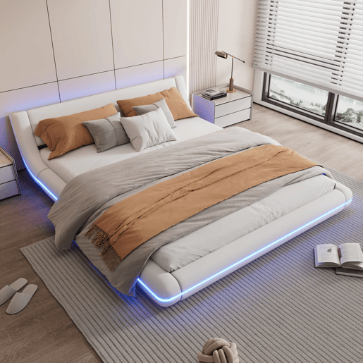 Cama baixa 160x200 cm - PU, LED ambiente, design moderno - Branco