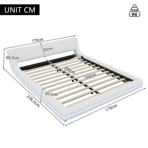 Cama baixa 160x200 cm - PU, LED ambiente, design moderno - Branco