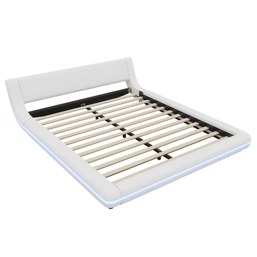 Cama baixa 160x200 cm - PU, LED ambiente, design moderno - Branco