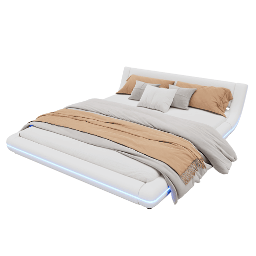 Cama baixa 160x200 cm - PU, LED ambiente, design moderno - Branco