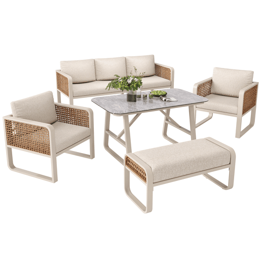 Conjunto de jardim com sofá,2 poltronas e mesa,bege