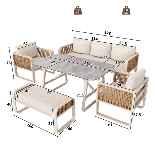 Conjunto de jardim com sofá,2 poltronas e mesa,bege
