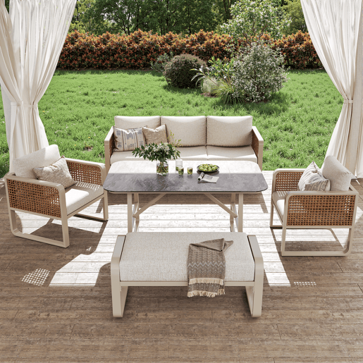 Conjunto de jardim com sofá,2 poltronas e mesa,bege