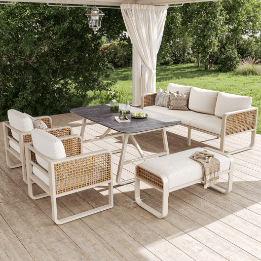 Conjunto de jardim com sofá,2 poltronas e mesa,bege