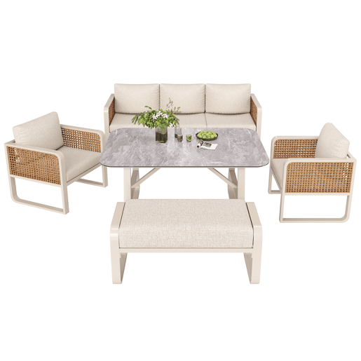Conjunto de jardim com sofá,2 poltronas e mesa,bege