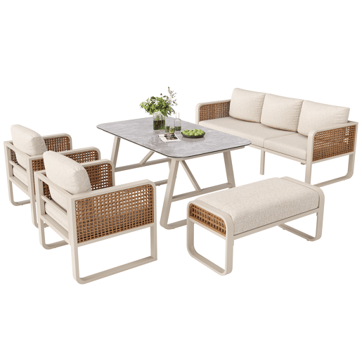 Conjunto de jardim com sofá,2 poltronas e mesa,bege