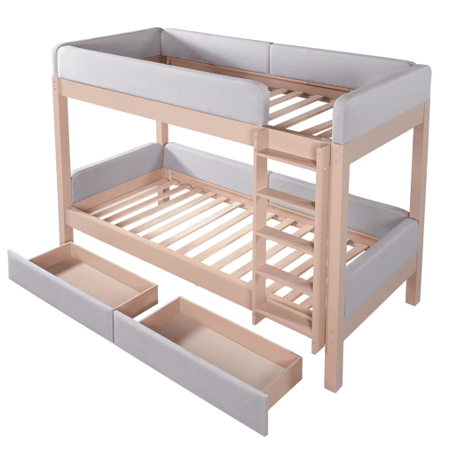 Cama alta infantil 90x200 - Escada de 4 degraus, 2 gavetas, estrado de madeira, bordas acolchoadas - CinzaNatural