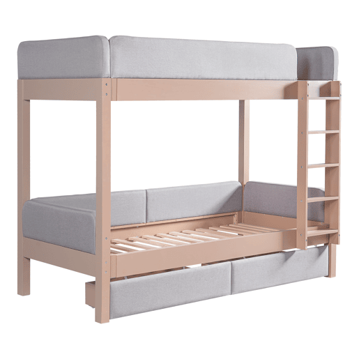 Cama alta infantil 90x200 - Escada de 4 degraus, 2 gavetas, estrado de madeira, bordas acolchoadas - CinzaNatural