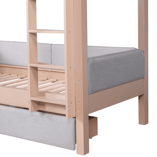 Cama alta infantil 90x200 - Escada de 4 degraus, 2 gavetas, estrado de madeira, bordas acolchoadas - CinzaNatural
