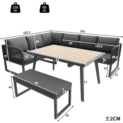 Conjunto de jardim com 2 sofás e mesa,cinza