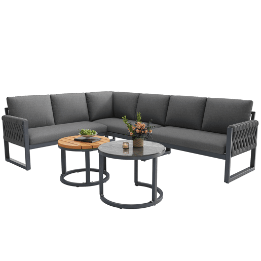 Conjunto de jardim com 3 sofás e mesa de centro aninhada,cinza Conjunto de jardim com 3 sofás e mesa de centro aninhada,cinza