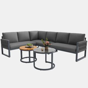 Conjunto de jardim com 3 sofás e mesa de centro aninhada,cinza