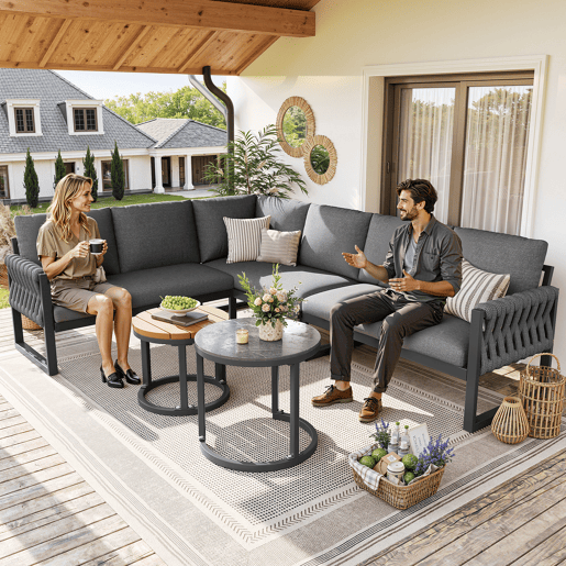 Conjunto de jardim com 3 sofás e mesa de centro aninhada,cinza Conjunto de jardim com 3 sofás e mesa de centro aninhada,cinza