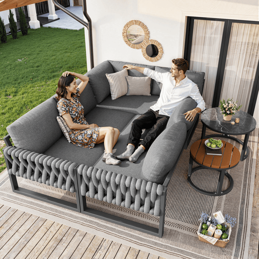Conjunto de jardim com 3 sofás e mesa de centro aninhada,cinza Conjunto de jardim com 3 sofás e mesa de centro aninhada,cinza