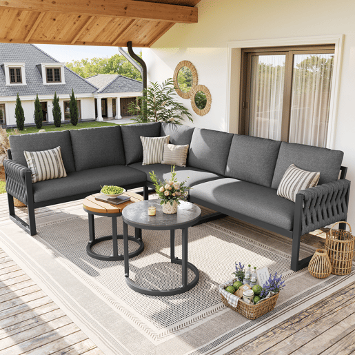 Conjunto de jardim com 3 sofás e mesa de centro aninhada,cinza Conjunto de jardim com 3 sofás e mesa de centro aninhada,cinza