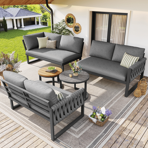 Conjunto de jardim com 3 sofás e mesa de centro aninhada,cinza Conjunto de jardim com 3 sofás e mesa de centro aninhada,cinza