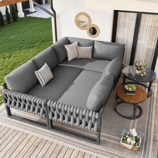 Conjunto de jardim com 3 sofás e mesa de centro aninhada,cinza Conjunto de jardim com 3 sofás e mesa de centro aninhada,cinza