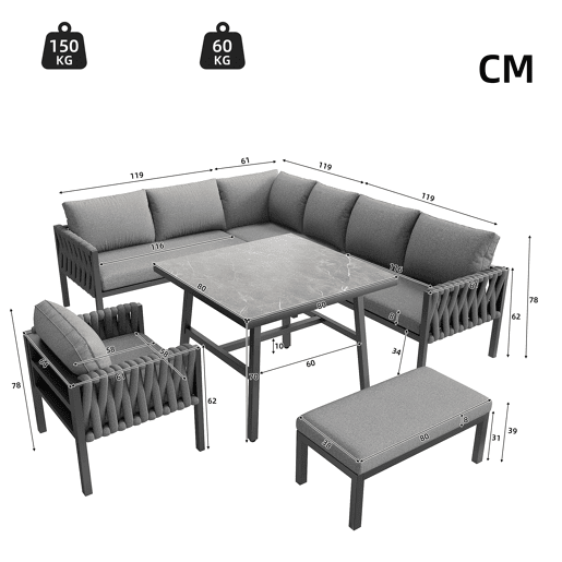 Conjunto de jardim com 2 sofás,poltrona e mesa,cinza Conjunto de jardim com 2 sofás,poltrona e mesa,cinza