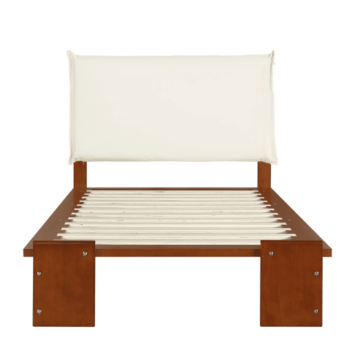 Cama individual 90x200 cm - encosto acolchoado, ripas robustas, pés largos - castanho escuro