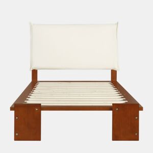 Cama individual 90x200 cm - encosto acolchoado, ripas robustas, pés largos - castanho escuro