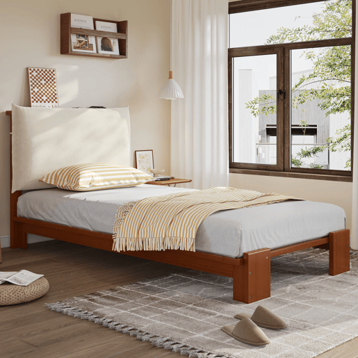Cama individual 90x200 cm - encosto acolchoado, ripas robustas, pés largos - castanho escuro