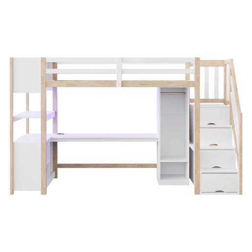 Cama alta em madeira 90x200 cm - roupeiro individual, secretária grande, armário de arrumação, prateleira de cabeceira, escada com arrumação, tomadas europeias e luzes LED - Branco+Natural