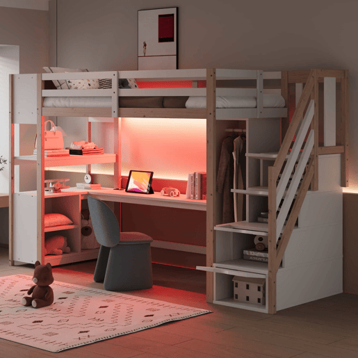 Cama alta em madeira 90x200 cm - roupeiro individual, secretária grande, armário de arrumação, prateleira de cabeceira, escada com arrumação, tomadas europeias e luzes LED - Branco+Natural