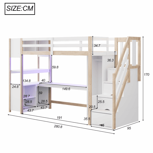 Cama alta em madeira 90x200 cm - roupeiro individual, secretária grande, armário de arrumação, prateleira de cabeceira, escada com arrumação, tomadas europeias e luzes LED - Branco+Natural