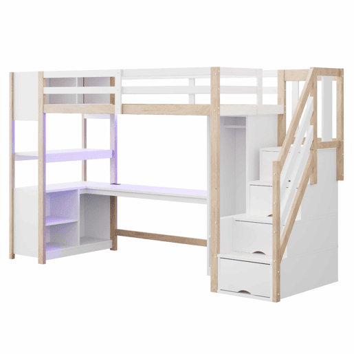 Cama alta em madeira 90x200 cm - roupeiro individual, secretária grande, armário de arrumação, prateleira de cabeceira, escada com arrumação, tomadas europeias e luzes LED - Branco+Natural