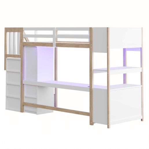Cama alta em madeira 90x200 cm - roupeiro individual, secretária grande, armário de arrumação, prateleira de cabeceira, escada com arrumação, tomadas europeias e luzes LED - Branco+Natural