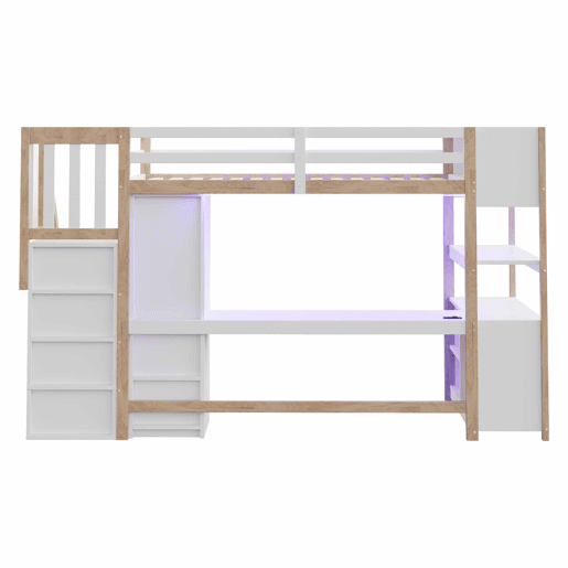 Cama alta em madeira 90x200 cm - roupeiro individual, secretária grande, armário de arrumação, prateleira de cabeceira, escada com arrumação, tomadas europeias e luzes LED - Branco+Natural