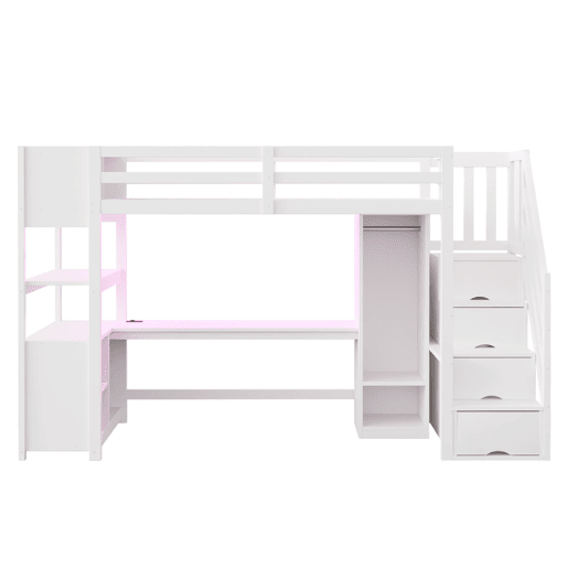 Cama alta 90x200 - armário, secretária, escada com arrumação, LED e tomadas - branca