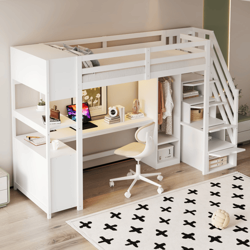 Cama alta 90x200 - armário, secretária, escada com arrumação, LED e tomadas - branca