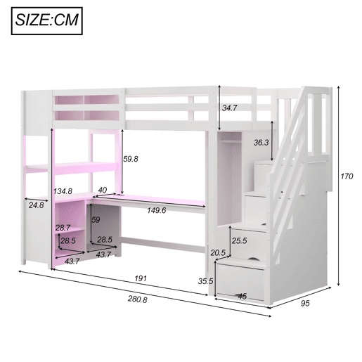 Cama alta 90x200 - armário, secretária, escada com arrumação, LED e tomadas - branca