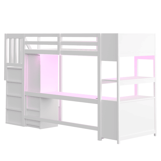Cama alta 90x200 - armário, secretária, escada com arrumação, LED e tomadas - branca