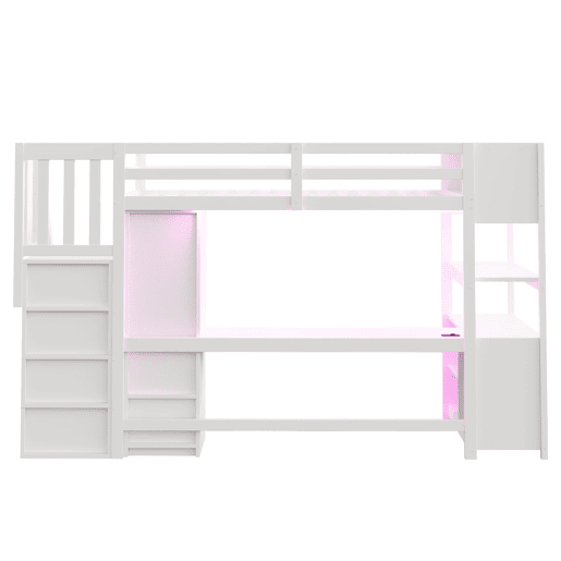 Cama alta 90x200 - armário, secretária, escada com arrumação, LED e tomadas - branca