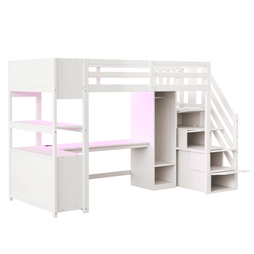 Cama alta 90x200 - armário, secretária, escada com arrumação, LED e tomadas - branca