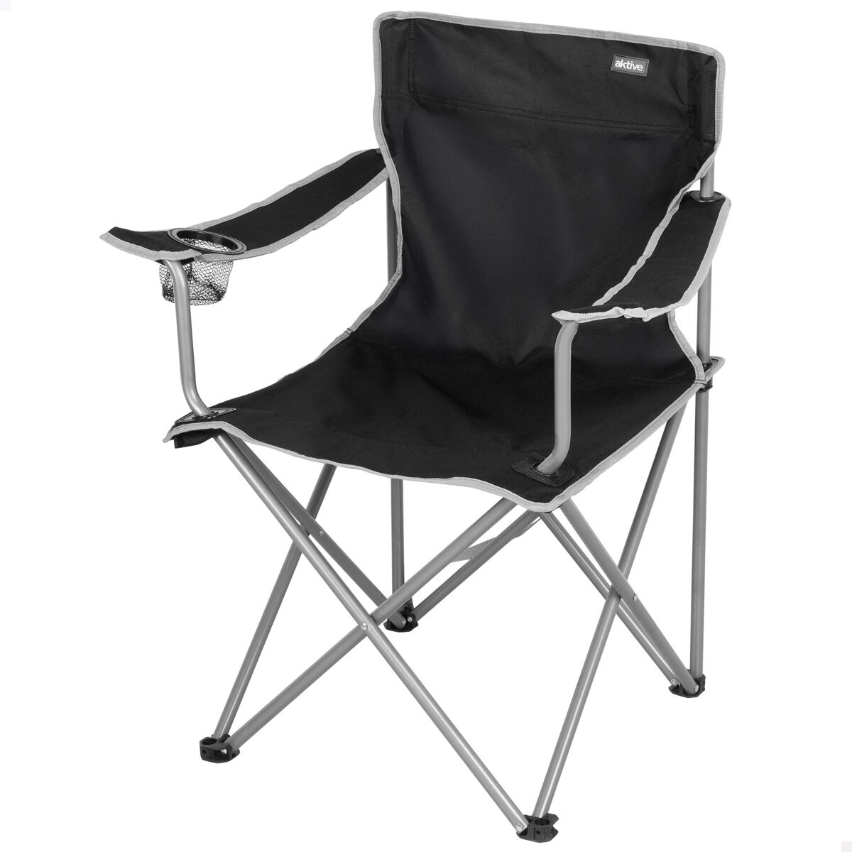 Aktive Silla plegable camping con portavasos Negro