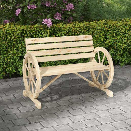 Outsunny Banco de Jardim de Madeira Banco Exterior com Apoios em Forma de Roda Estilo Rústico Suporta até 240 kg 2 Lugares para Pátio ou Terraço 105,5x56x79 cm Madeira