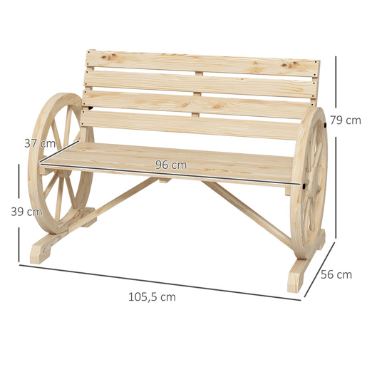 Outsunny Banco de Jardim de Madeira Banco Exterior com Apoios em Forma de Roda Estilo Rústico Suporta até 240 kg 2 Lugares para Pátio ou Terraço 105,5x56x79 cm Madeira