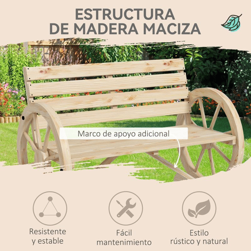 Outsunny Banco de Jardim de Madeira Banco Exterior com Apoios em Forma de Roda Estilo Rústico Suporta até 240 kg 2 Lugares para Pátio ou Terraço 105,5x56x79 cm Madeira