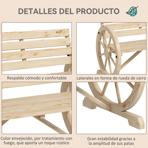 Outsunny Banco de Jardim de Madeira Banco Exterior com Apoios em Forma de Roda Estilo Rústico Suporta até 240 kg 2 Lugares para Pátio ou Terraço 105,5x56x79 cm Madeira