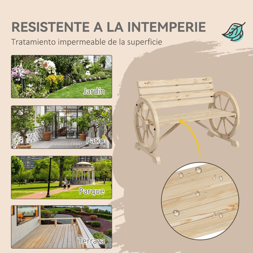 Outsunny Banco de Jardim de Madeira Banco Exterior com Apoios em Forma de Roda Estilo Rústico Suporta até 240 kg 2 Lugares para Pátio ou Terraço 105,5x56x79 cm Madeira
