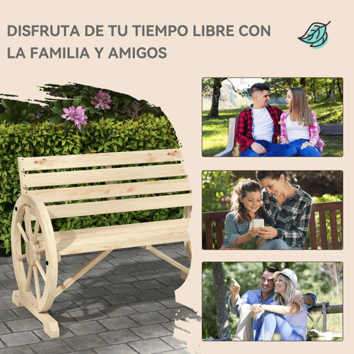Outsunny Banco de Jardim de Madeira Banco Exterior com Apoios em Forma de Roda Estilo Rústico Suporta até 240 kg 2 Lugares para Pátio ou Terraço 105,5x56x79 cm Madeira