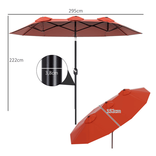Outsunny Chapéu de Sol Duplo 295x152x222 cm Chapéu de Sol de Jardim com Inclinação de 45° Manivela Estrutura de Aço para Pátio Varanda Piscina Vermelho Vinho