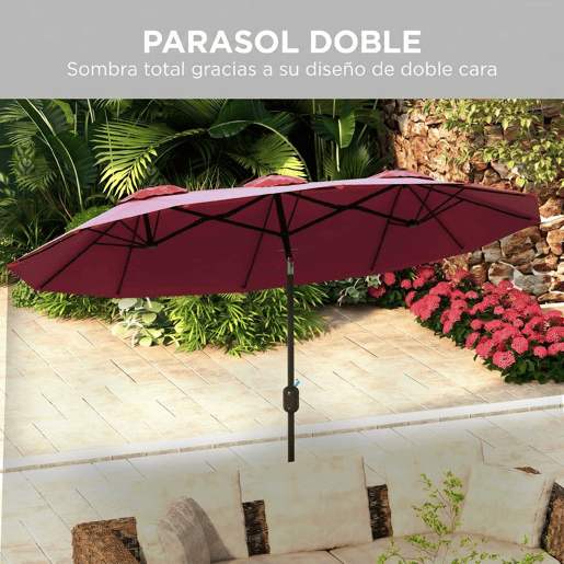 Outsunny Chapéu de Sol Duplo 295x152x222 cm Chapéu de Sol de Jardim com Inclinação de 45° Manivela Estrutura de Aço para Pátio Varanda Piscina Vermelho Vinho