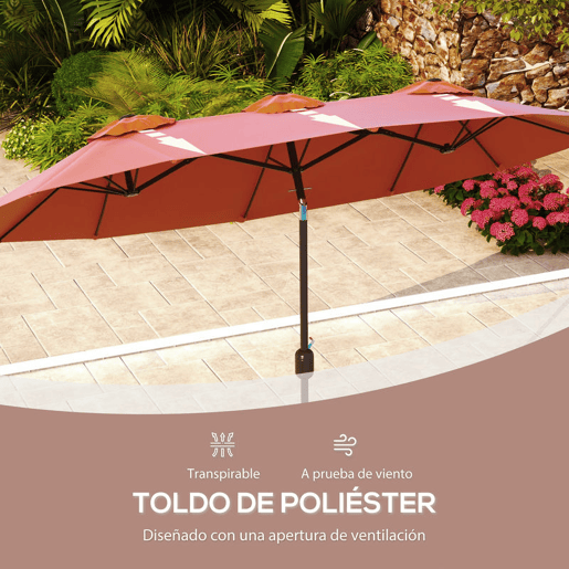 Outsunny Chapéu de Sol Duplo 295x152x222 cm Chapéu de Sol de Jardim com Inclinação de 45° Manivela Estrutura de Aço para Pátio Varanda Piscina Vermelho Vinho