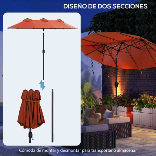 Outsunny Chapéu de Sol Duplo 295x152x222 cm Chapéu de Sol de Jardim com Inclinação de 45° Manivela Estrutura de Aço para Pátio Varanda Piscina Vermelho Vinho