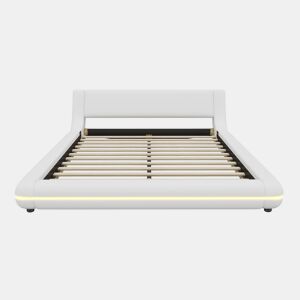 Cama baixa 140x200 cm - PU, luz LED ambiente, comando remoto com 24 botões - Branco